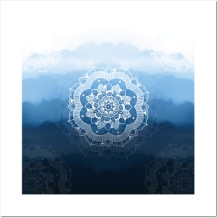 Blue Watercolor Ombre Mandala Posters and Art